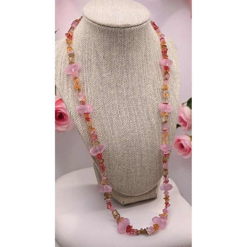 Vintage Pink Beaded Necklace Pastel Beach Boho Faux Opaque Stone